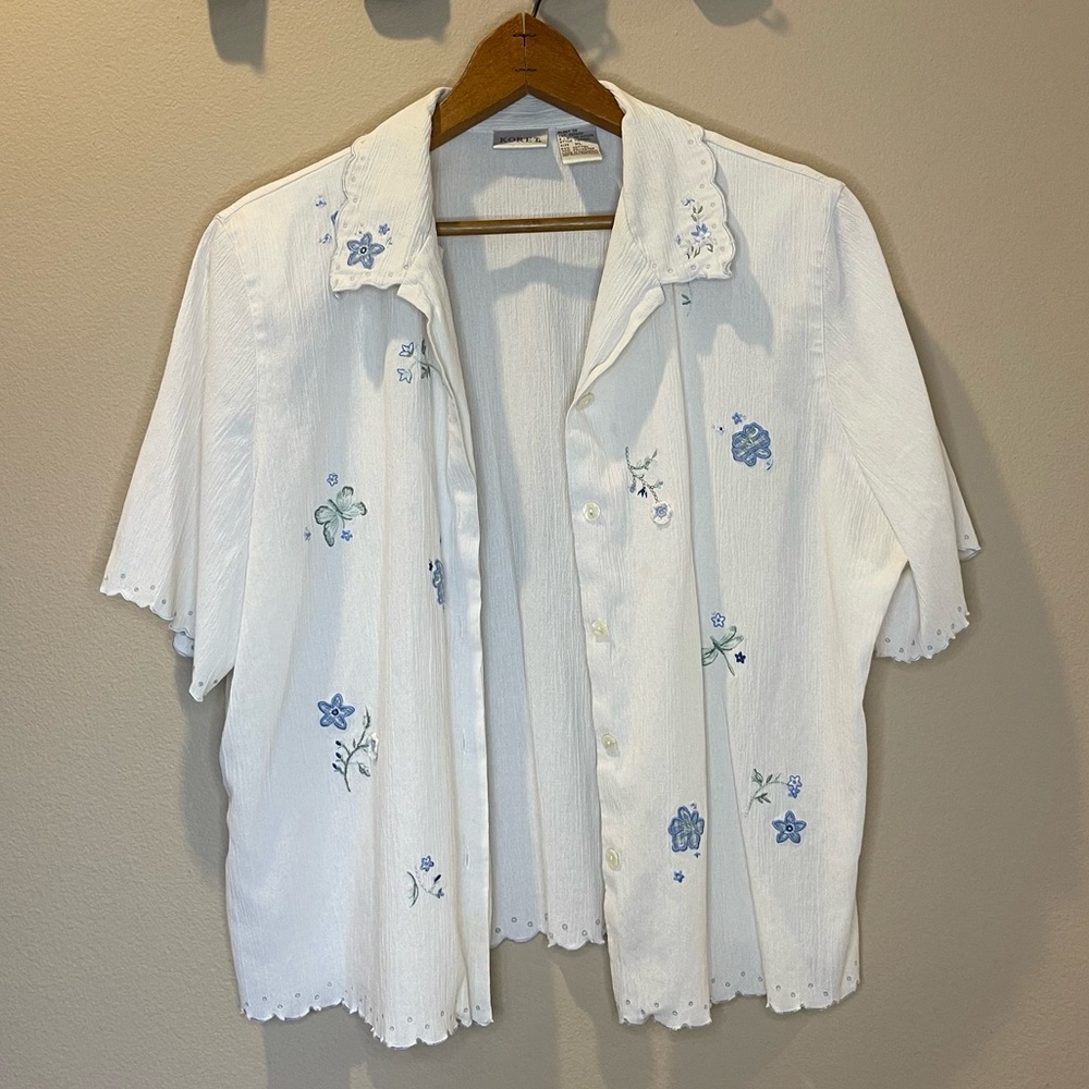 Koret Vintage White/Blue Floral Patchwork Short Sleeve Button Up Women’s Size XL